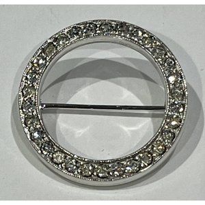 Vintage Unbranded Silver Toned Rhinestone Circle Scarf Pin Brooch
